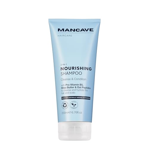 ManCave Nourishing 2-in-1 Shampoo 200ml Strengthens & Hydrates Hair Argan Oil & Oat Peptides Fights against Dandruff and Conditions scalp Gentle Cleanse with Panthenol Shea Butter Made in UK