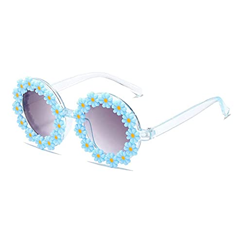 Creamily Round Flower Sunglasses for Girls Flower Shaped Cute Glasses Retro Daisy Sunglasses UV 400 Protection Outdoor Beach Girl Eyewear for Kid Elegant Light Blue Eyeglasses