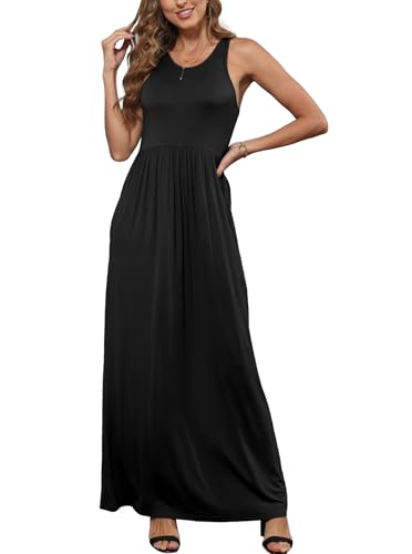Image of EUOVMY Women's Sleeveless Dress Casual Plain Loose Summer Long Maxi Dresses with Pockets
