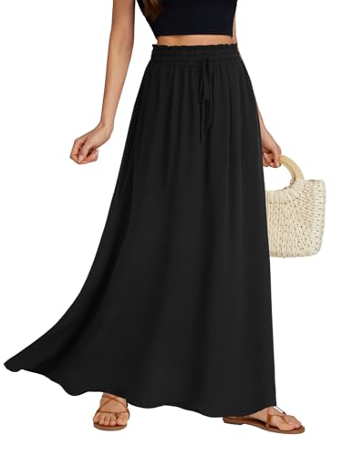 LYANER Women's Shirred Smocked Frill Drawstring Pleated High Waist Maxi Skirt with Pockets3