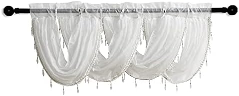GutView Waterfall Valance Curtains Sheer for Windows,White Silver Silk Line Luxury Beaded Curtain Valance Sheer Window Curtain with Tails,Rod Pocket Single Valance Drapes,32 x 24 Inch,4 Panel