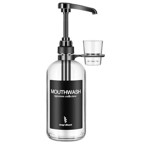 Onsogi Clear Glass Mouthwash Dispenser with Black Cup Holder and Pump 16 Oz Rustic Boho Mouthwash Dispenser for Bathroom Farmhouse Decor - 1 Pack
