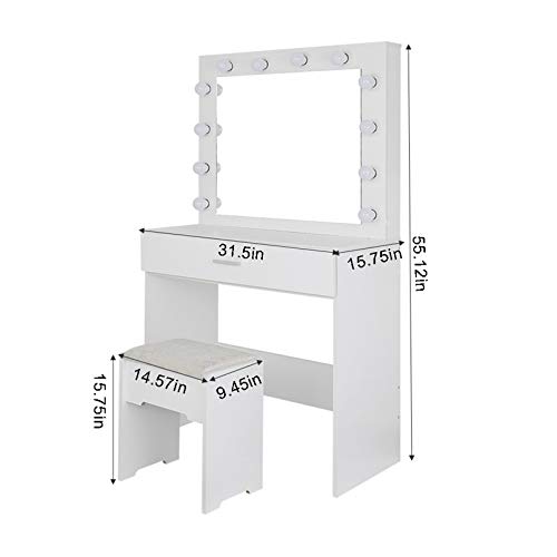 Riforla Vanity Set with Lighted Mirror, Makeup Vanity Dressing Table Dresser Desk with Large Drawer for Bedroom, White Bedroom Furniture(12 Cool LED Bulbs)