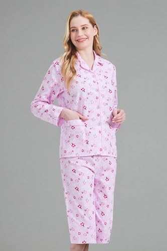 Image of GLOBAL Women Cotton Pajamas Long Sleeve PJs Button Down Sleepwear S-3XL