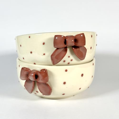 Image of SNS Handmade Ceramic Serving Bowl Set (Set of 2) | Microwave Safe Cute Ceramic Bowl Set | Aesthetic Snack, Salad, Cereal, Dessert & Soup Bowl | Premium Kitchen & Breakfast Bowl (Vino Maroon Bow Bowl)