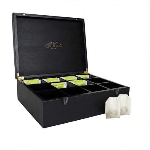 NIMMA Boîtes à thé – Boîte à thé en bois avec fermeture magnétique – Convient pour Pickwick, Lipton & plus – Noir – Compartiments extra larges...