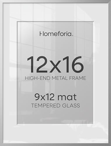 Image of Homeforia 12 x 16 Picture Frame Silver, High End Metal 12x16 Poster Frames with Mat 9x12 Photo, 12 x 16 Silver Frame Matted to 9 x 12 in Print, 16by12 Hanging Frame, Tempered Glass, Wall Kit, Set of 1