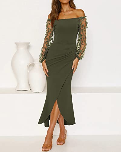 Btfbm Women Elegant Off Shoulder Dresses Sheer Long Sleeve Mesh Ruched Wrap Split Bodycon Maxi Cocktail Wedding Guest Dress(Solid Army Green, Large) #TOP1