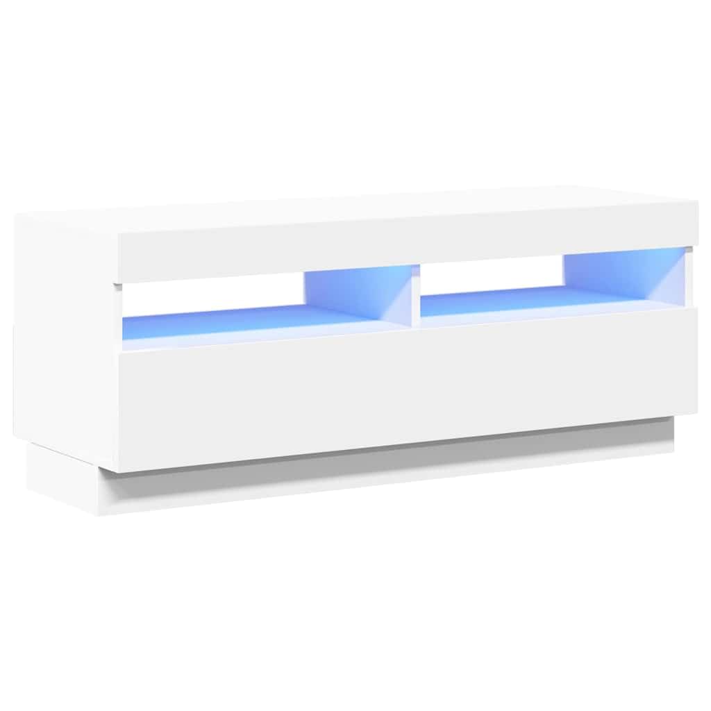 Szafka TV z diodami LED RGB, biała, 100 x 35 x 40 cm, materiał drewnopochodny, nowoczesne centrum rozrywki do salonu, sypialni, do przechowywania multimediów