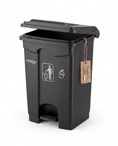 Image of pedal dustbin with lid, heavy duty plastic garbage bin, hands-free step-on waste bin for kitchen, office, home, hotel, bathroom & outdoor use (Jet Black, 65 Liters)