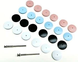 Silicone Polishing Wheel Set of 26 Silicone Polishing 7/8" Wheel Kit Assortment 24 Pieces + 2 Mandrels 4 Grades - Coarse White/Medium Black/Fine Blue/Extra Fine Pink Made in Germany by JTS