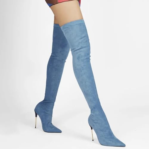 Vujkliy Women's Pointed Toe Stiletto Heel 4.3IN Suede Thigh Boots Sleeve Stretch Fashion Boots Large Size4