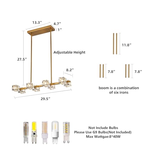 OKES Dining Room Light Fixture,Gold Modern Crystal Chandelier Rectangular Pendant Light with 8 Light Farmhouse Chandeliers for Kitchen Island Dining Room Living Room Bedroom by OKES - Used condition - Image 6