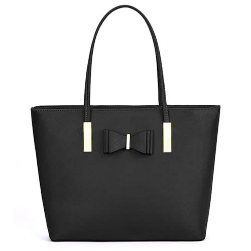 kukubird Womens Top-Handle Black Large Tote Bag Handbag Simple Shoulder Bag with Zipper for School Work Leisure-Black