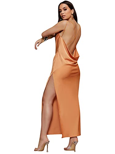 Floerns Women s Criss Cross Backless Cowl Neck Sleeveless Split Thigh Long Dress Orange XS