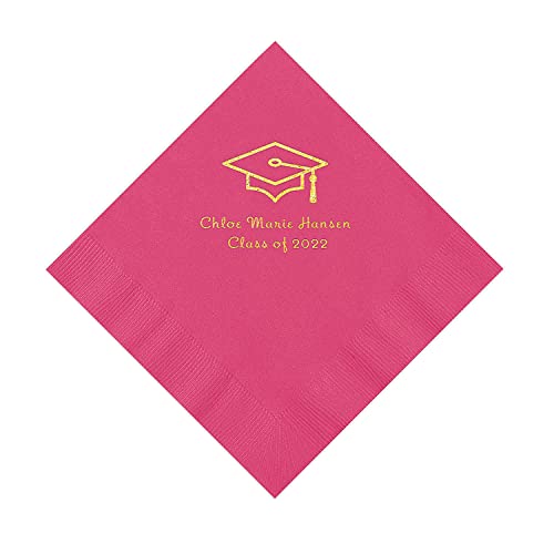 Hot Pink Grad Mortarboard Personalized Napkins with Gold Foil – 50 Pc. Luncheon