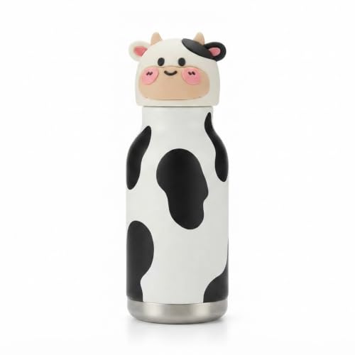 Image of JOUET 450ml Stainless Steel Kids Water Bottle with Cute Cow Character Lid, Leakproof Drinking Bottle for School, Travel, Sports & Everyday Use