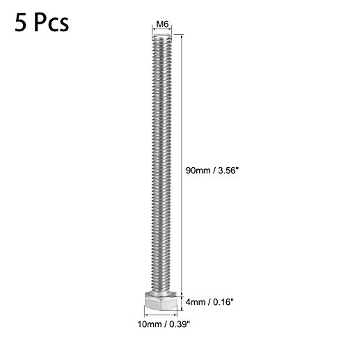 Image of 5 Pcs M6 Hex Bolt M6-1 x 90mm UNC Hex Head Screw Bolts A2-70(304) Stainless Steel Fully Threaded Hex Tap Bolts,Plain Finish,Fully Threaded (M6 x 90mm)