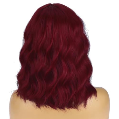 Image of BERON Wine Red Wigs for Women Short Curly Wavy Wig Girls Burgundy Color Body 14 Inch Heat Resistant Synthetic Hair Wig for Cosplay Party or Daily Use
