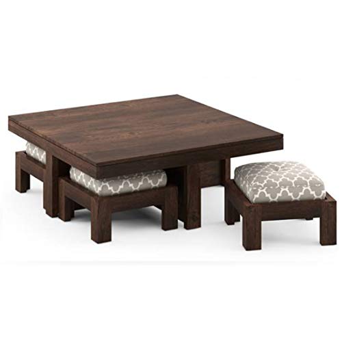 Image of Jangid Handicraft Solid Sheesham Wood Coffee Table with 4 Stool | Square Sofa Centre Table with Stool | Tea Center Table with 4 Stools for Living Room | Patio Teapoy Table with Four Puffy | Walnut
