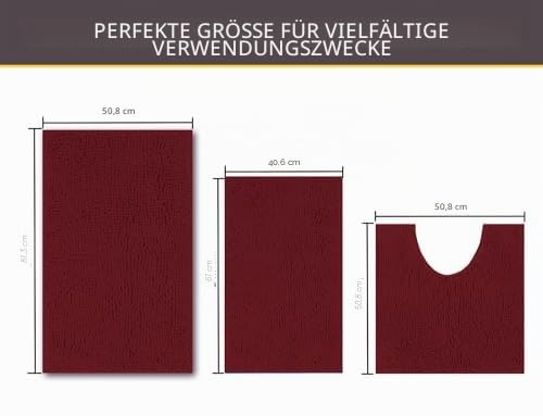 Badezimmermatten-Set, 3-teilig, Bad- und WC-Vorleger-Set, ultraweich, Chenille, rutschfest, Badematten-Set, waschbar, super saugfähig, rot