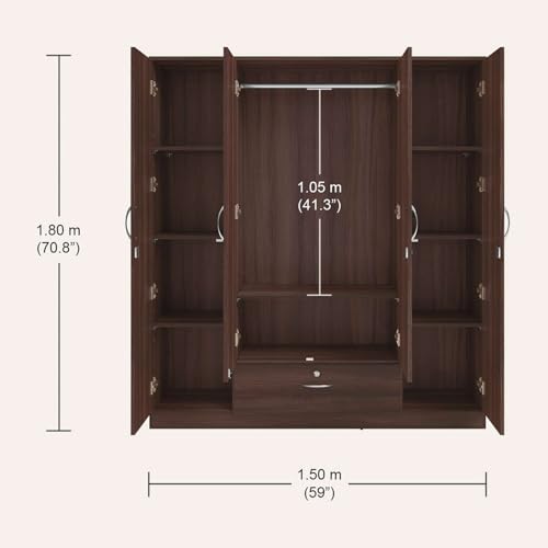 Image of Interio by Godrej Wardrobe EWA 4-Door Engineered Wood Wardrobe for Clothes (Brown), 1-Year Warranty, 8 Shelves, 1 Drawer