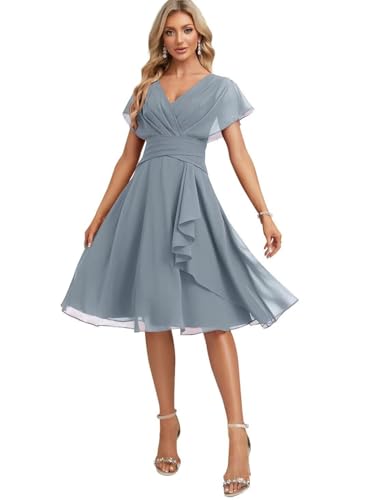 Women's Chiffon Bridesmaid Dresses Short with Sleeves for Wedding 2025 V Neck A Line Formal Dress