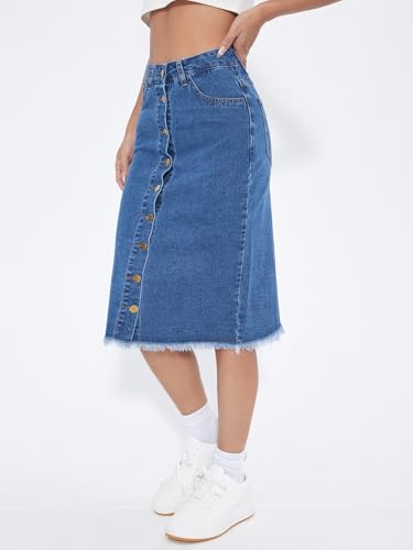 Women's Raw Trim Denim Skirts Button Front High Waisted A Line Jean Skirt4