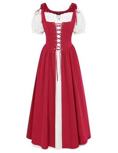 SCARLET DARKNESS Damen Renaissance Maxikleid Korsett Kurz Puffärmel mit Schnürung Flowy Trachtenkleid Rot L