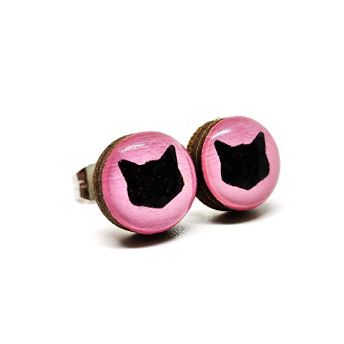 Stud Earrings, Light Pink Black Cat, 10 mm, Round Studs for Women Girls, Handmade, Stainless Steel Posts for Sensitive Ears3