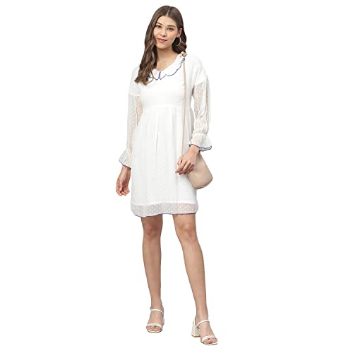 Image of DEEBACO Women's Shift Midi Knee Length Dress|Western Dress for Women|Bishop Sleeves Dress|Girl's Dress|One Piece Dress|Summer Dresses for Women Dress|Georgette Dress (Off-White)