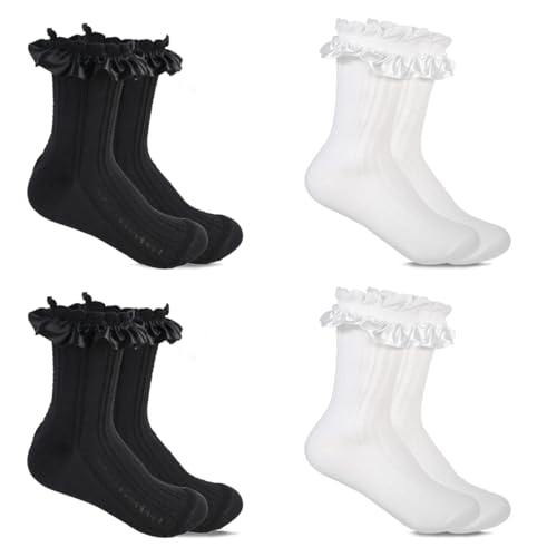 4 Pairs Women Ruffle Socks, White and black Lace Ankle Socks Ruffle Frilly Dress Sock Ruffles Frilly Comfortable Cotton Lace Ruffled Bootie Sock for Girl (Size 36-39）