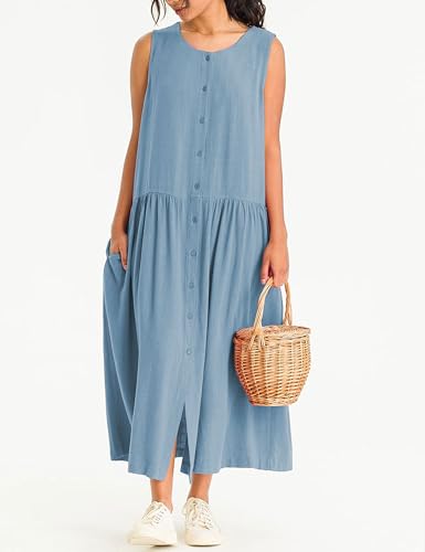Image of Bozanly Summer Sleeveless Maxi Dress for Women Button Down Midi Dresses with Pockets Solid Color Loose Flowy Beach Dress 2025