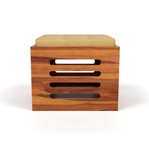 Image of Solid Sheesham Wood Coffee Table with 4 Stool | Center Table with 4 Stools for Living Room | Rosewood Teapoy Table with Cushioned Stool (Urbam,Honey Finish)