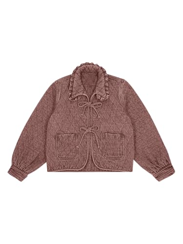 Image of Tankaneo Womens Quilted Denim Puffer Jackets Tie Front Bow Cropped Puffy Jackets Fall Cute Short Jeans Coat