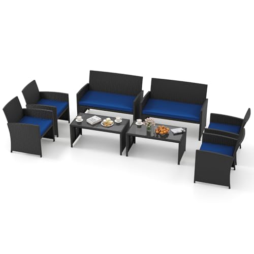 Image of Tangkula 8 Piece Patio Wicker Furniture Set, Outdoor Heavy Duty Rattan Cushioned Chairs, Loveseat and Tempered Glass Coffee Table, for Backyard, Balcony, Poolside