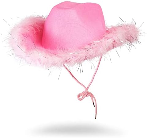 Juvolicious Hot Pink Cowboy Hat for Men and Women with Feathers, Western Felt Fluffy Cowgirl Hat for Halloween Costume, Dress Up Birthday, Bachelorette, and Bachelor Party Accessories