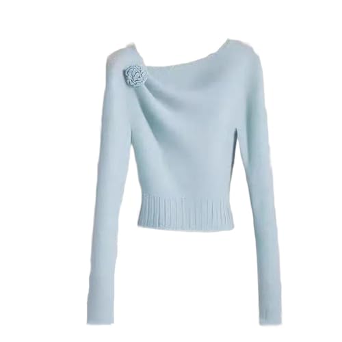 Women Long Sleeve Slimming Knitted Top Solid Color Floral Decoration Wool Pullover Sweater