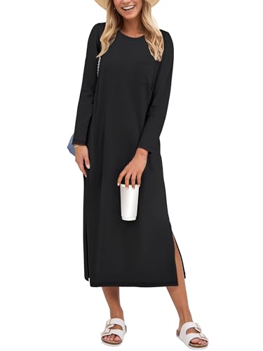 ANRABESS Womens 3/4 Long Sleeve Striped Slit Midi T Shirt Dresses with Pockets 2025 Dressy Casual Fall Fashion Travel Outfits