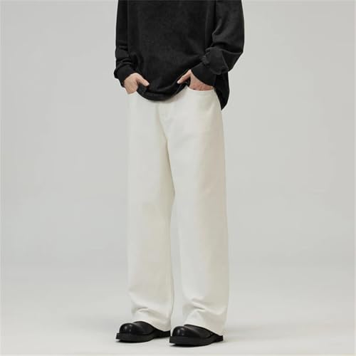 Men's Cotton Baggy Straight Jeans Breathable Soft Casual Trousers in White Brown Korean Style3