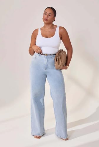 Image of KOTTY Women's High Waist Wide Leg Button Coin Pocket Straight Fit Jeans Stylish Regular to Plus Size Fit Denim Jeans for Women