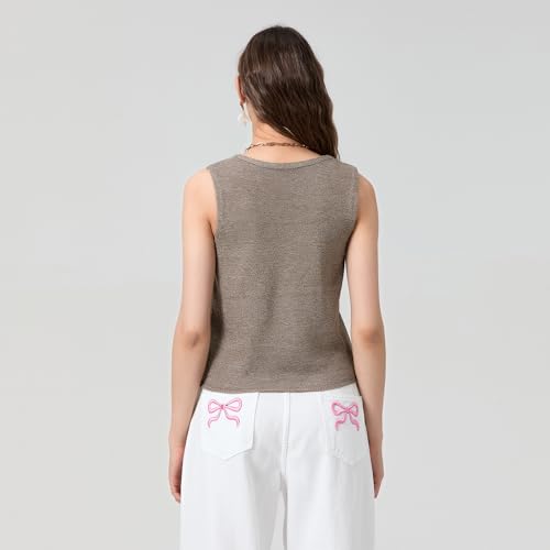 Image of Womens Vintage Knittd Tank Y2k Vest Crop Top Sleeveless V-Neck Open Front Button Crochet Knit Vests Versatile Tops