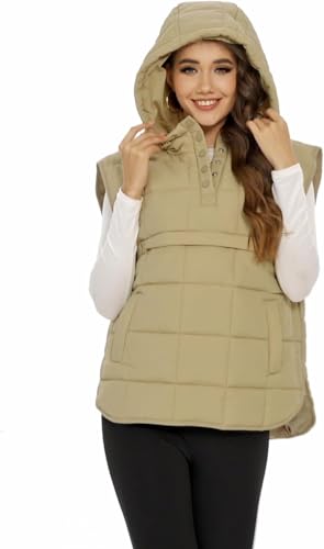 Women's Hoodie Puffer Vest Oversized Quilted Pullover Jacket Sleeveless Packable Coat with Pockets3