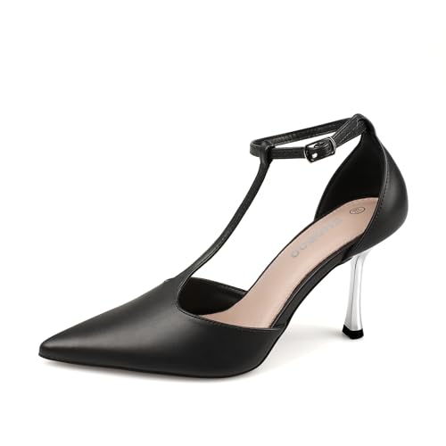 Womens Closed Toe High Heels Stiletto Pointed Pumps Prom Party Office Dress Shoes with T Strap Ankle Strap Shiny Heel