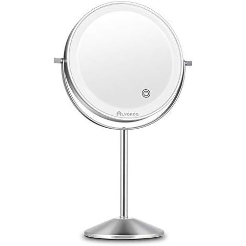 ALVOROG Makeup Mirror with Lights Rechargeable 3 Color Lighting Modes 72 LEDs Touch Switch Intelligent Shutdown Vanity Mirror Dimmable 8 Inch Tabletop Mirror with 1X/5X Magnification Cover