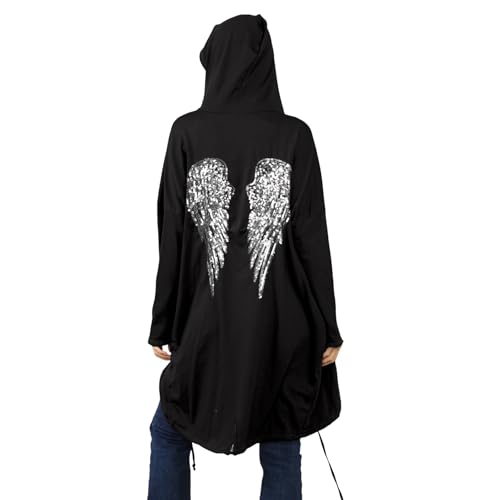 Janisramone Frauen Damen Neu Sequin Engel Flügel Zurück Baggy Übergroß Kapuzenpullover Strickjacke Jacke Sweatshirt Oben