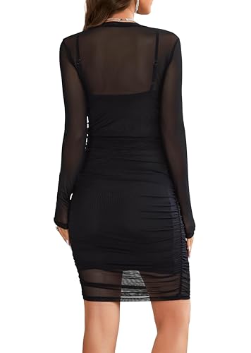 Image of Rooscier Women's Sheer Mesh 2 Pcs Mock Neck Outfits Long Sleeve Ruched Bodycon Club Midi Dress
