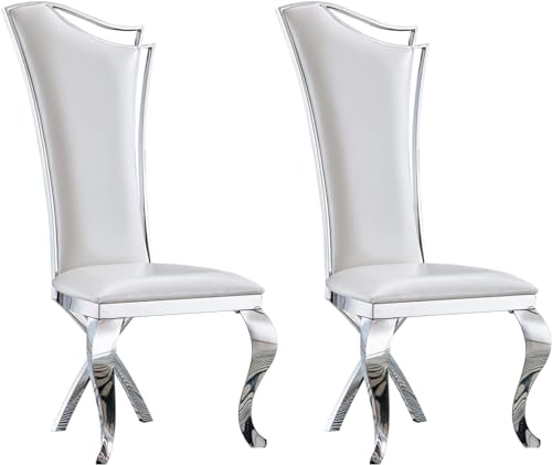 Goderfuu Luxury Leather Dining Chairs Set of 2, Modern Kitchen Dining Room Chairs with Silver Stainless Steel Legs and Harp Back, Upholstered Dining Chairs White Dining Chairs Living Room Side Chair