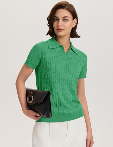 Image of Micoson Womens Short Sleeve Sweater Tops Lapel V Neck Polo Shirts 2026 Summer Cable Knit Loose Blouse Business Casual Outfits