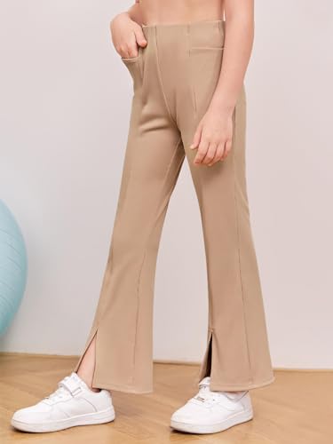 Image of Haloumoning Girls Kids Elastic Waist Ribbed Flare Split Bottom Pants Stretch Casual Long Pants(5-14Y) Khaki